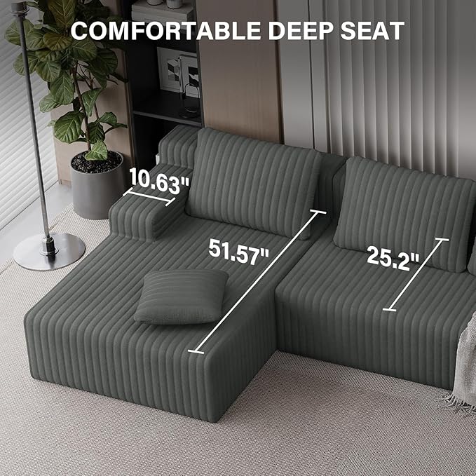 LAUSAINT HOME 132" Modular Sectional Sofa Couches, U-Shaped Boneless Cloud Sofa with 4 Deep Seat, 6 Cushiones Oversized Chaise for Living Room, Bedroom, Plush Corduroy Fabric (U Shaped Sofa, Grey)