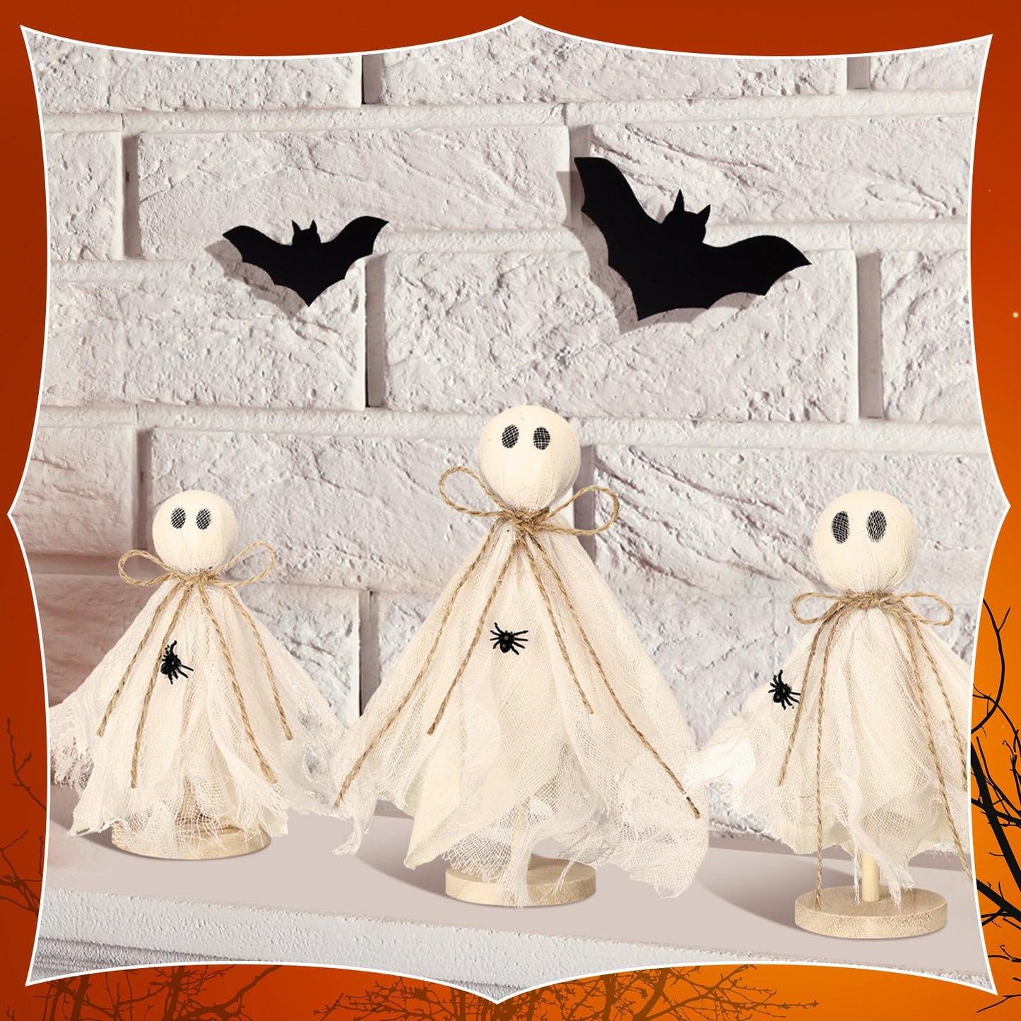 Redbaker 3 Pcs Halloween Decorations Indoor Primitive Halloween Ghost on Wooden Stand Spooky Ghost Tiered Tray Decor Rustic Table Centerpiece for Home Office Mantel Shelf Party Supplies(Beige)