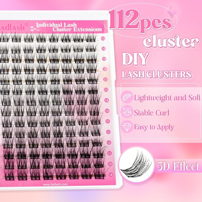 FADLASH Cluster Lashes Fluffy 10-18mm Lash Clusters Volume Lash Extension 112Pcs 3D DIY Lash Clusters D Curl Individual Lashes (R02-0.07-D,10-18mm)