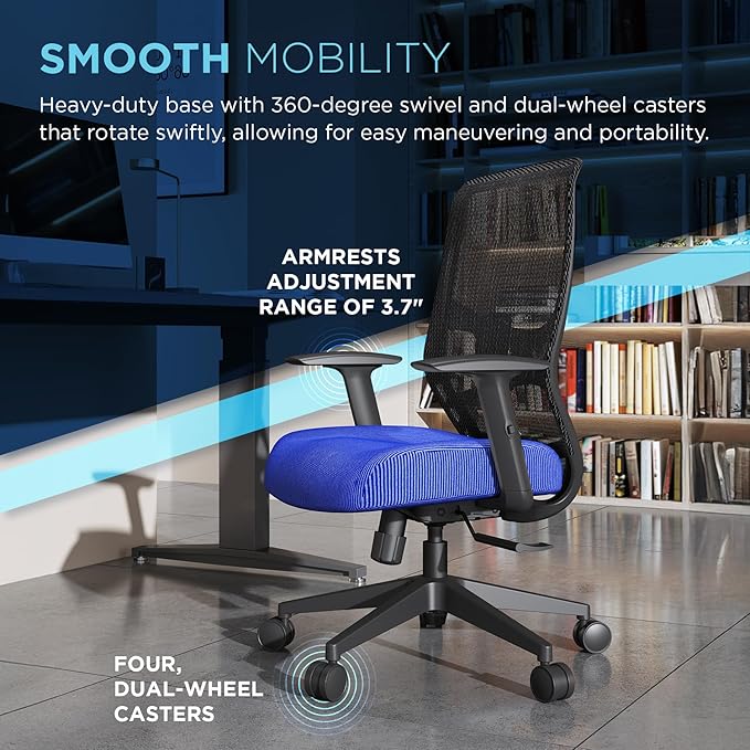 Tempur-Pedic ProTask Executive Task Office Chair with Cooling Gel Layer and Built-in Lumbar Support, Height-Adjustable Ergonomic Mesh Office Desk Chair, Blue