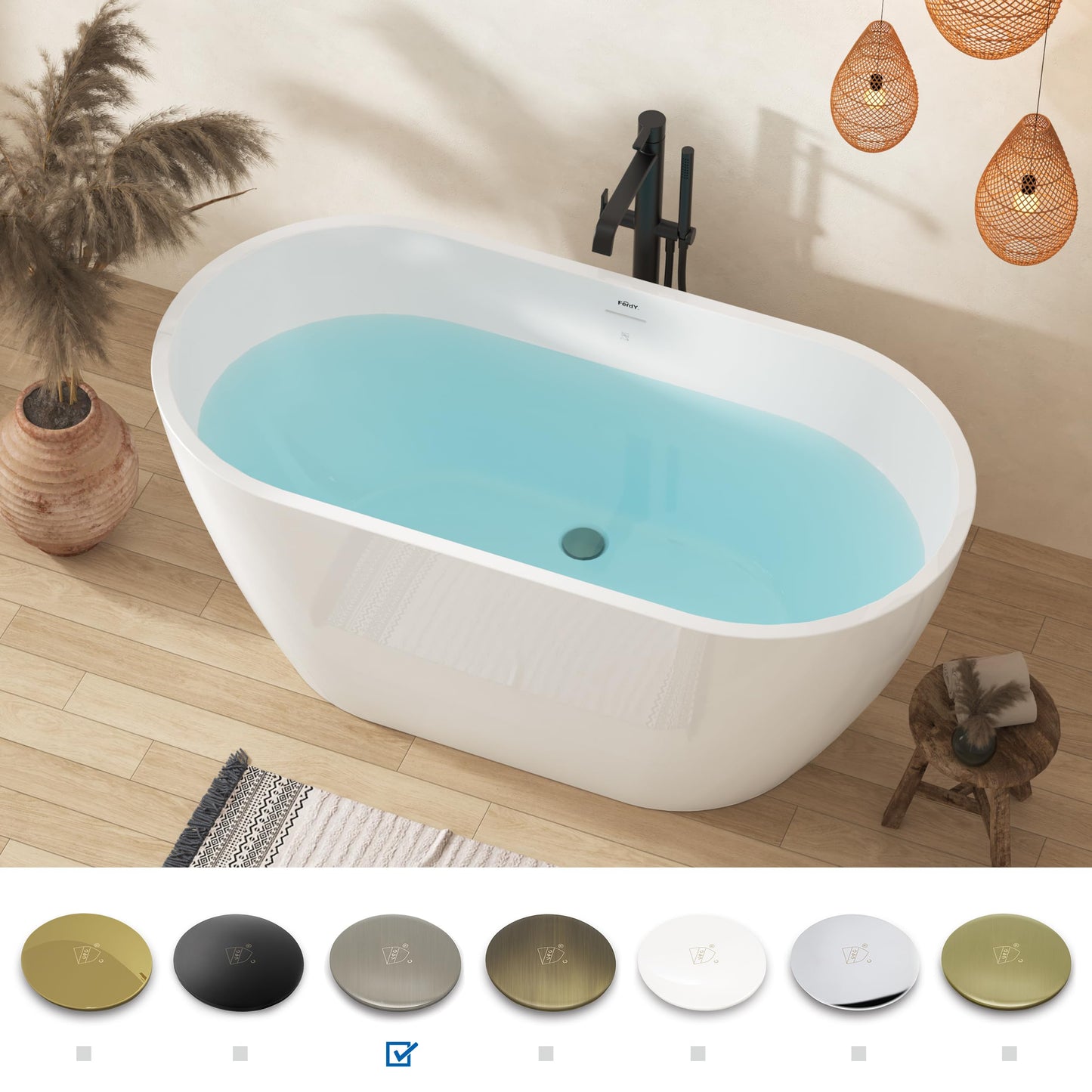 FerdY Bali 55" Freestanding Bathtub, Glossy White Freestanding soaking tub with Brushed Nickel Drain & Integrated Slotted Overflow, cUPC Certified