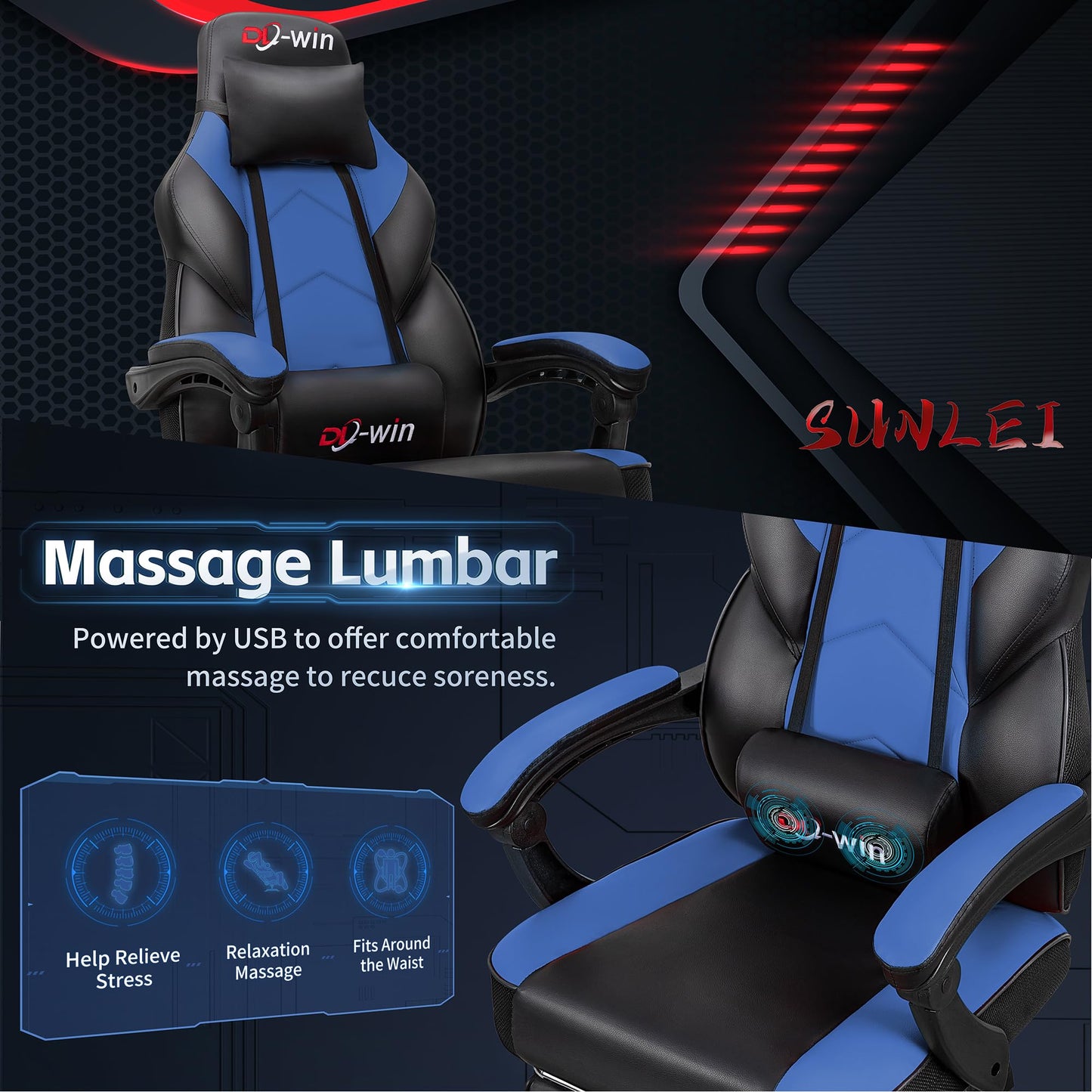 DL-win Gaming Chairs for Adults, Computer Chair with Footrest and Ergonomic High Back, Big and Tall Gamer Chairs with Massage Lumbar Support, 360° Swivel Height Adjustable Gaming Chair, Blue