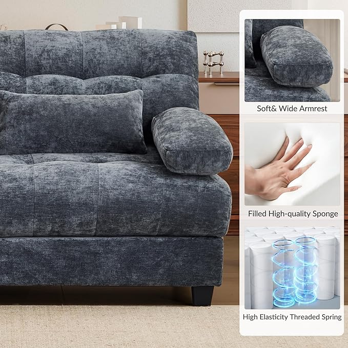GRAINLLE 93'' Modular Sectional Cloud Couch with 1 Ottoman,Deep Seat Sleeper Sofa L Shaped Sectional Couch,Convertible Upholstered Comfy Chenille Sectional Sofa for Living Room,Bedroom(Blue)