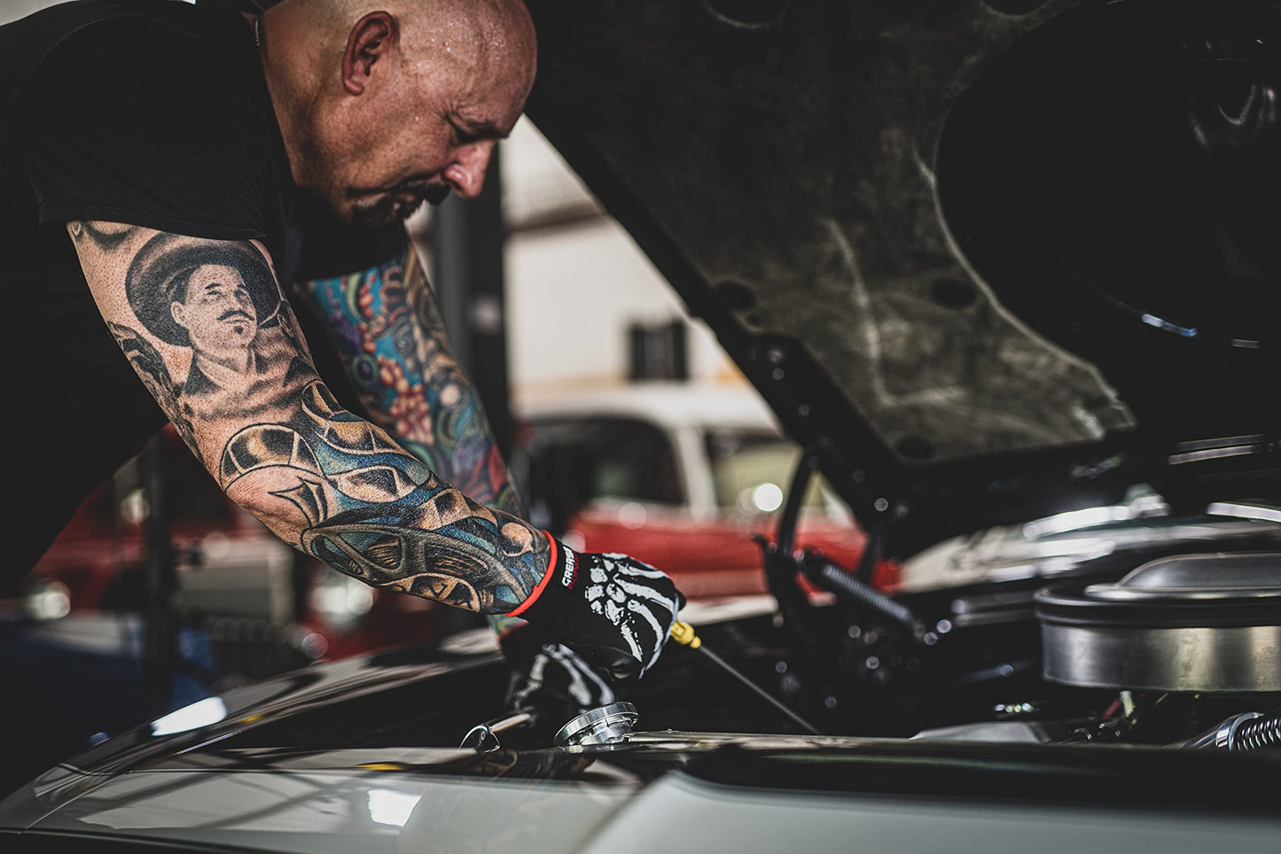 Grease Monkey Bone Series Foam Nitrile Mechanic Gloves with Grip, Work Gloves and All Purpose Gloves, Bones, Large Black
