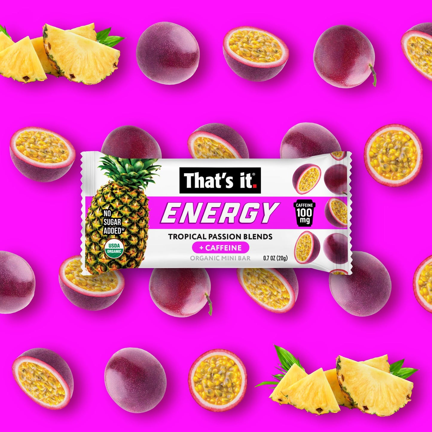 That's it. Tropical Passion Energy Mini Bars | 100mg Natural Caffeine |Pineapple Passionfruit| Allergy-Friendly, Nut Free, Organic, Non-GMO, Gluten-Free Snacks | 15 Count