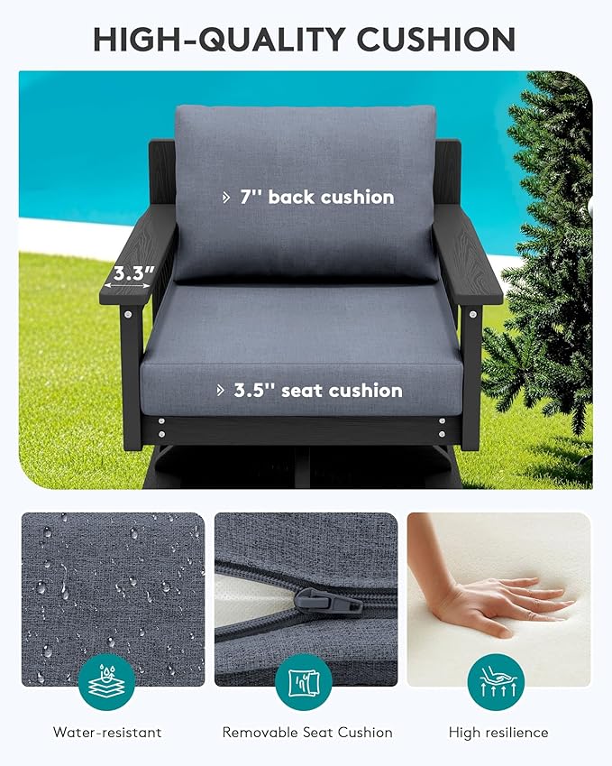 SERWALL HDPE Outdoor Patio Furniture Set, 8-Piece Outdoor Sectional Sofa with 2 Swivel Sofas with Thick Cushions for Deck, Black Frame with Gray Cushions