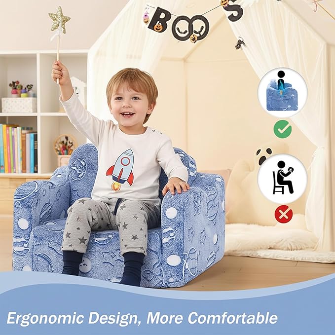 MeMoreCool Toddler Sofa Bed – Glow-in-The-Dark Astronaut Chair for Kids, 2-in-1 Fold-Out Lounger (Denim Planet) Soft Foam | Machine Washable Cover | Ages 1–3 | Playroom & Nursery Nap Couch