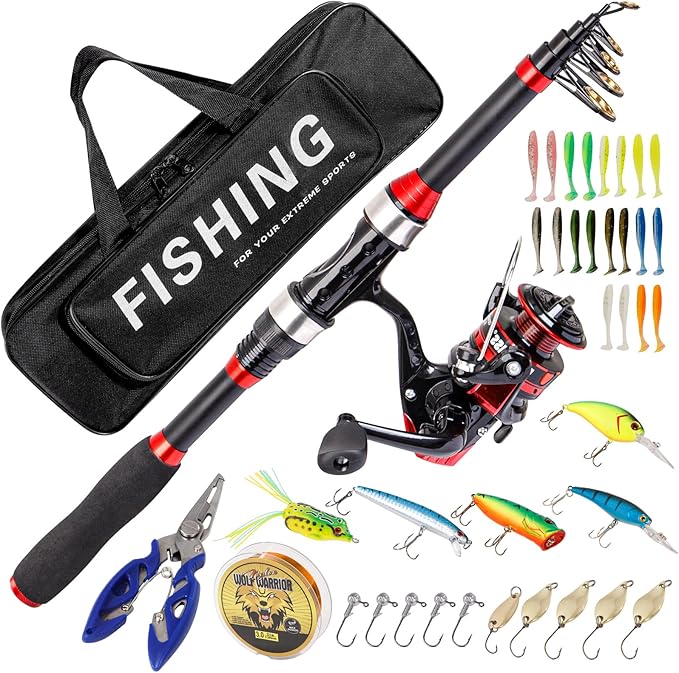 I00000 Fishing Rod and Reel Combos with Fiberglass Telescopic Fishing Pole - Spinning Reel Fishing Carrier Bag, Freshwater...