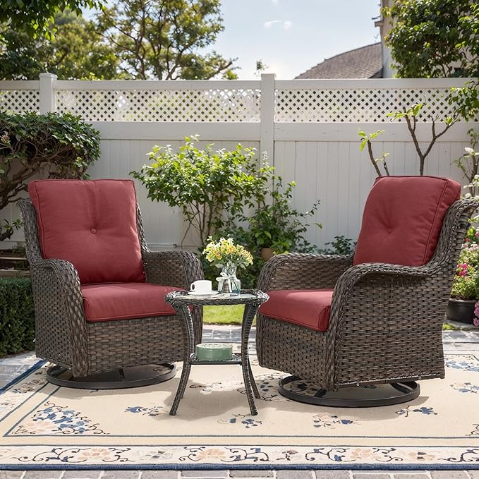 Belord Outdoor Swivel Rocker Patio Chairs - 3 Piece Outdoor Bistro Set Wicker Patio Rocking Chairs Set of 2 with Side Table, 360 Degree Swivel Glider Seating for Porch Balcony Deck Brown/Red