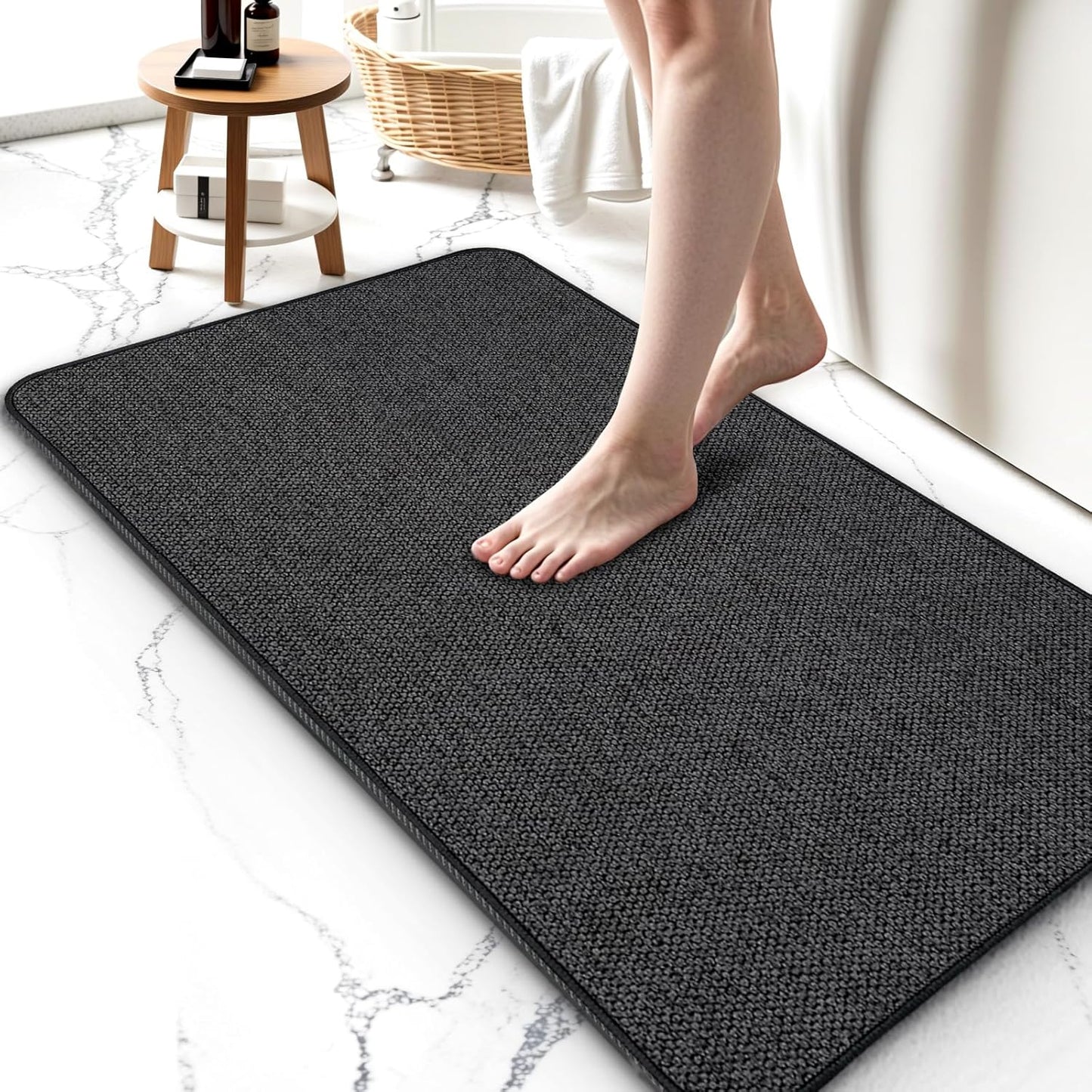 Upgraded Bathroom Rugs 20x24Inch, Thin Bath Mat with Rubber Backing Non-Slip, Absorbent,Quick Dry Machine Washable, Home Decor Accessories Cozy Cloth Bathroom Mat fit Under Door/Sink/Tub/Shower-Black