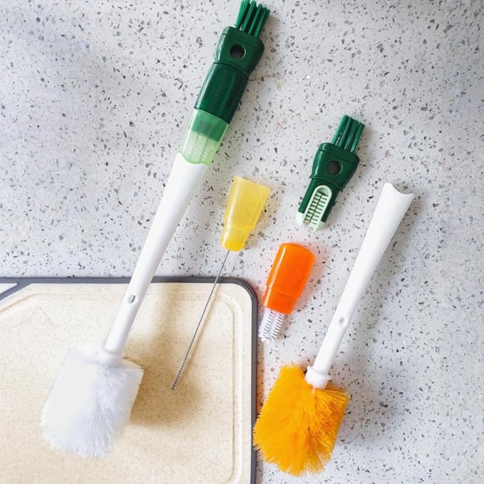 Five-in-one Bottle Brush Set (1Pc Green), Long Handle Bottle Cleaning Brush Straw Brush Nipple Brush Hard-Corner Brush for Sports Water Bottles Caps Mugs Glasswares Tumblers Wine Decanters