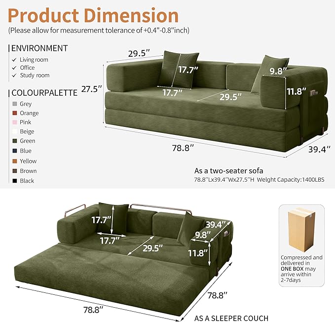 Fancyfire 78.8" Convertible Sofa Bed with Armrest Pillow,4-in-1 Sleeper Couch Bed for Livingroom,Modular Corduroy Boneless couches,No Assembly (Green)