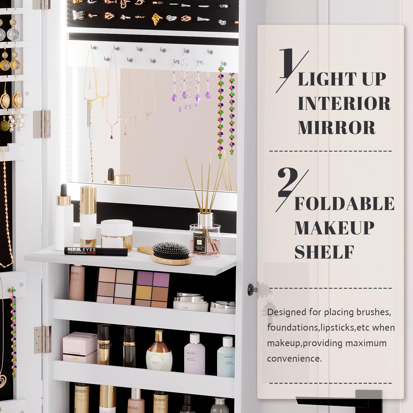 Vlsrka 47.2" LED Jewelry Mirror Cabinet, Wall/Door Mounted Jewelry Armoire Organizer with Full Length Mirror, Large Storage Hanging Cabinet, 4 Drawers, 5 Shelves (White)