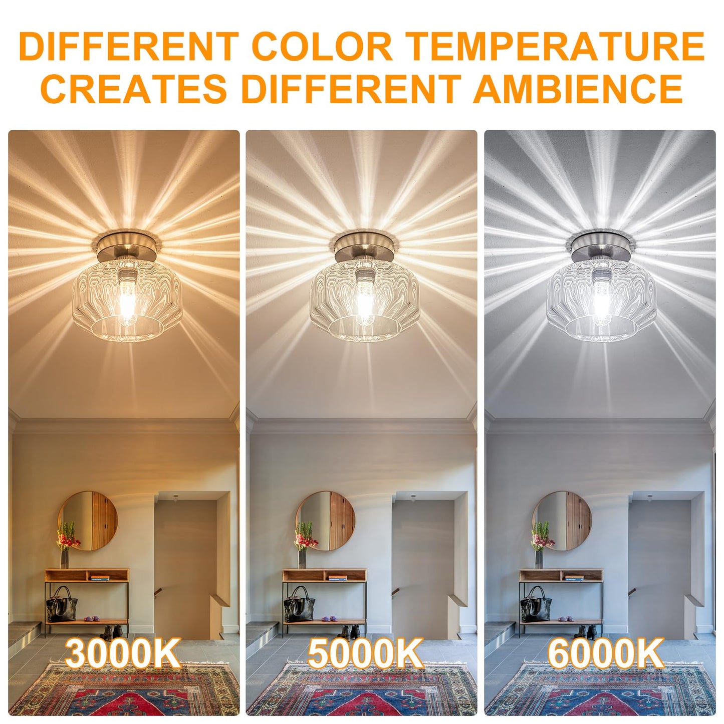 Tbaoinla Brushed Nickel Semi Flush Mount Ceiling Light Fixture with Textured Glass & Included 1200 Lumens LED Bulbs, Modern Hallway & Bathroom Light for Entryway, Kitchen, Laundry Room