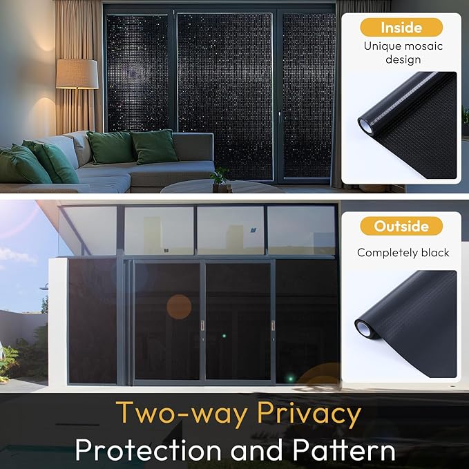 rabbitgoo Window Privacy Film Blackout Mosaic Static Cling Decorative, Removable Rainbow Window Film, Non-Adhesive Heat Control UV Blocking for Bathroom, 17.5 x 118.1 inches Black