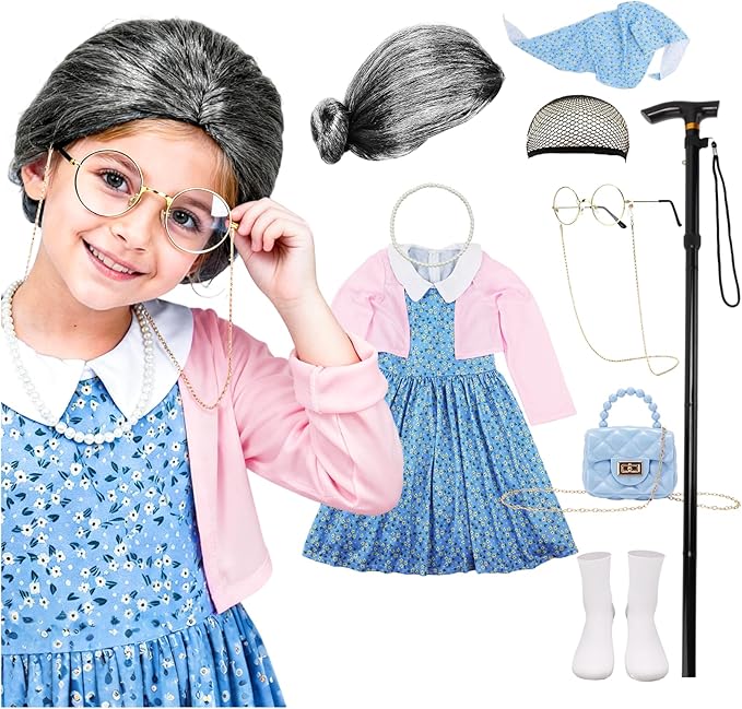 AXINYINGESS 100 Days of School Old Lady Costume Grandma Dress Up Set for Girls Costumes Granny Outfit Kit
