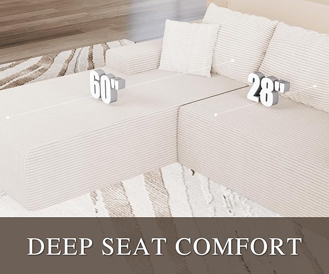 NAYA 106” Modular Sectional Sofa, Cloud Sectional Couch with Deep Seat, Modern Modular L-Shape Sofa Boneless Couch with Chaise for Living Room Bedroom (Beige, U-Shaped Minimalist Sofa)