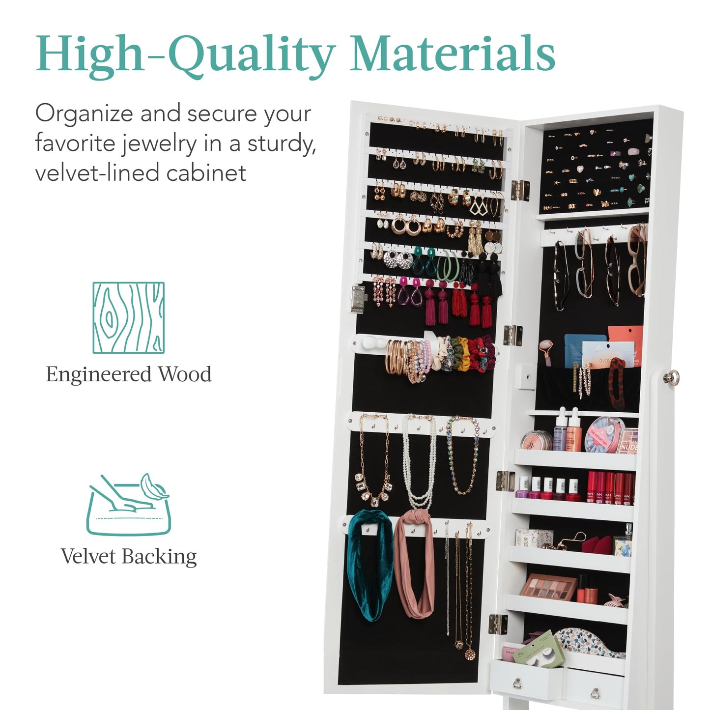 Best Choice Products Freestanding Jewelry Armoire Cabinet, Full Length Standing Mirror, Lockable Makeup Storage Organizer, w/Velvet Lining, 3 Angles, Lock, Accessory Pouch, 5 Shelves - White