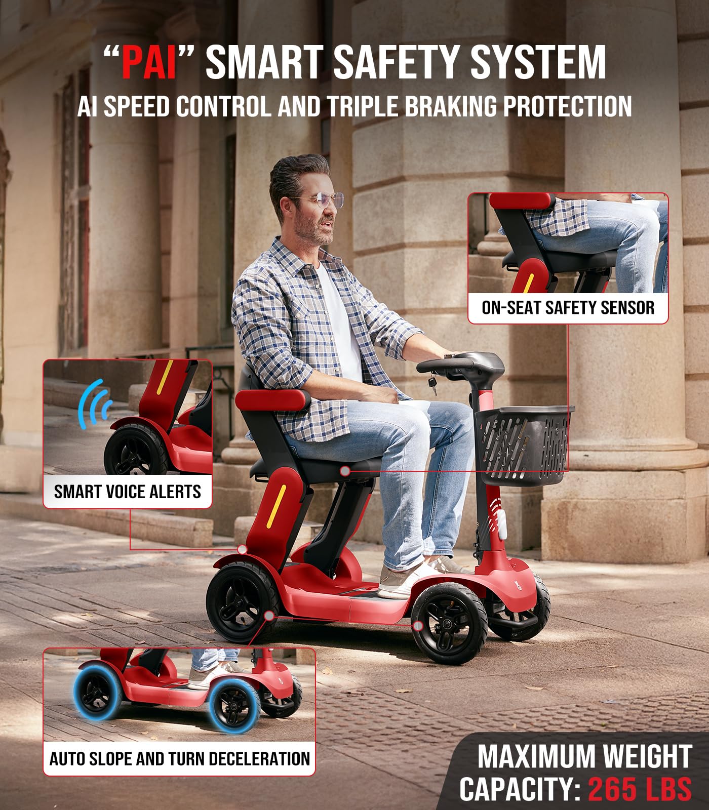 Glashow S3 Foldable Mobility Scooter for Seniors and Adults – 4-Wheel Lightweight Electric Scooter, 25-Mile Range, 6 mph Max Speed, 265 lb Capacity, PAI Safety System for Outdoor Travel- Red