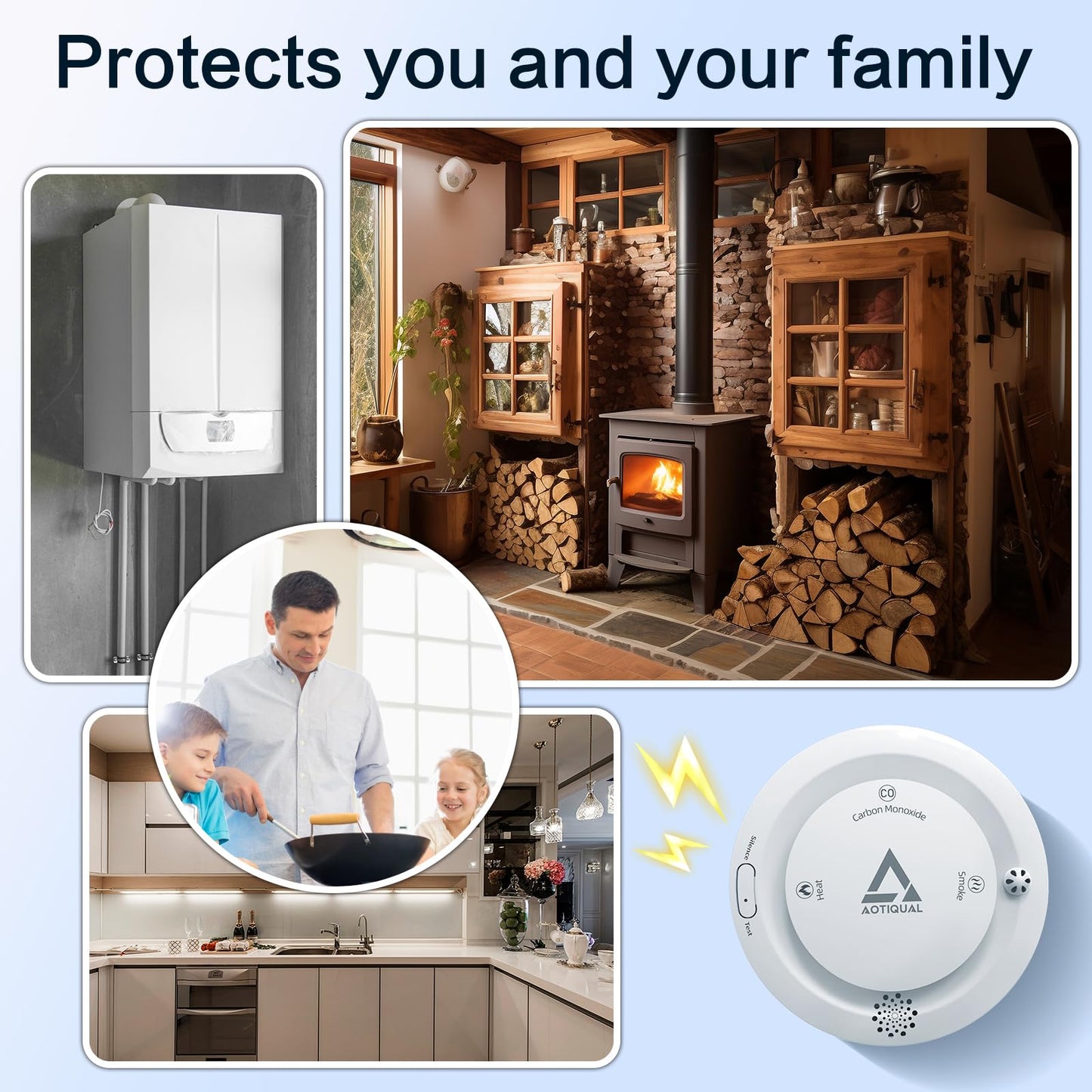 Smoke and Carbon Monoxide and Heat Detector 3-in-1 CO/Smoke/Temp Alarm 10-Year Battery, 85dB Voice Alert, Explosion-Proof ABS, Easy Installation Home Safety Device (Includes AA Batteries)