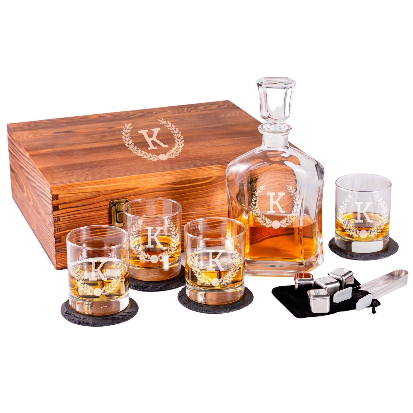Engraved Liquor Whiskey Decanter Set with Scotch Glasses for Men - 9 Design Options - Personalized Gift Set for Him, Dad - Premium Set Includes Whiskey Stones - Christmas, Valentines - by Froolu