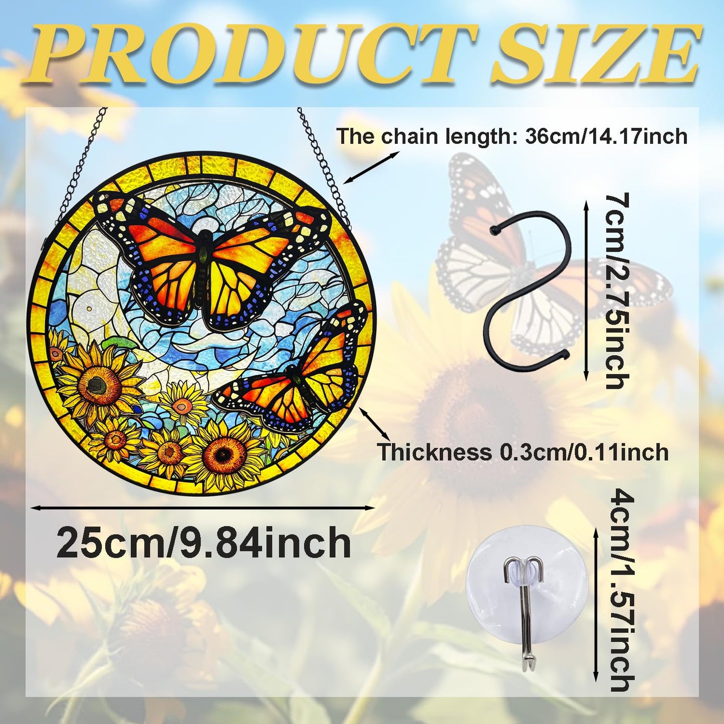 Sunflower Stained Glass Window Hanging, 9.84'' Sunflower Butterfly Stained Glass Panel, Butterfly Glass Suncatcher for Valentine's Day Mother's Day