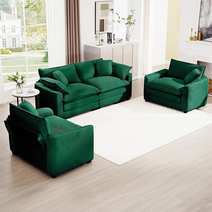mikibama Luxury 3 Piece Sofa Set, Loveseat Couch & 2 Single Sofa Set, Modern Corduroy Comfy Cloud Couches Set for Living Room Office with 2 Armrest Pillows and 4 Toss Pillows, Green