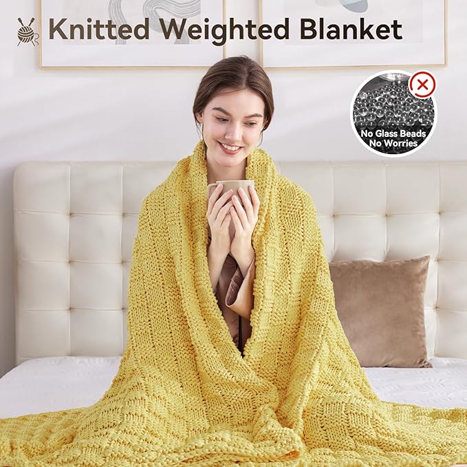 Knitted Weighted Blanket for Adult, No Beads Heavy Blanket 60” x 80'' 17lbs, Breathable Chunky Knit Blanket, Cooling Weighted Blanket for Hot Sleepers, Christmas Home Decor (Yellow)