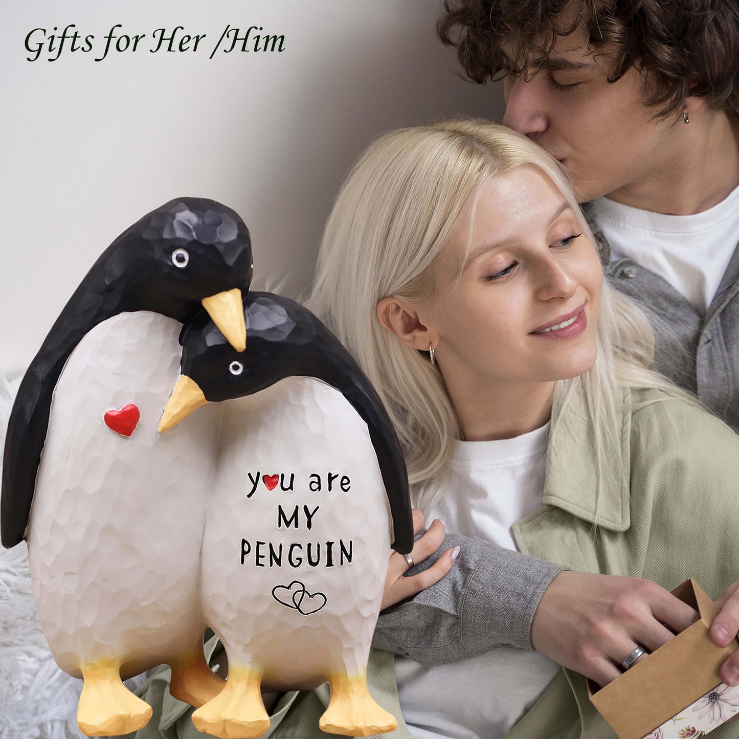 AUMELO Anniversary Wedding Gifts for Women Men Couple, Gifts for Her Him, Birthday Gift for Girlfriend Boyfriend, I Love You Gift for Wife -Couple Penguin Figurine for Christmas Valentines Day