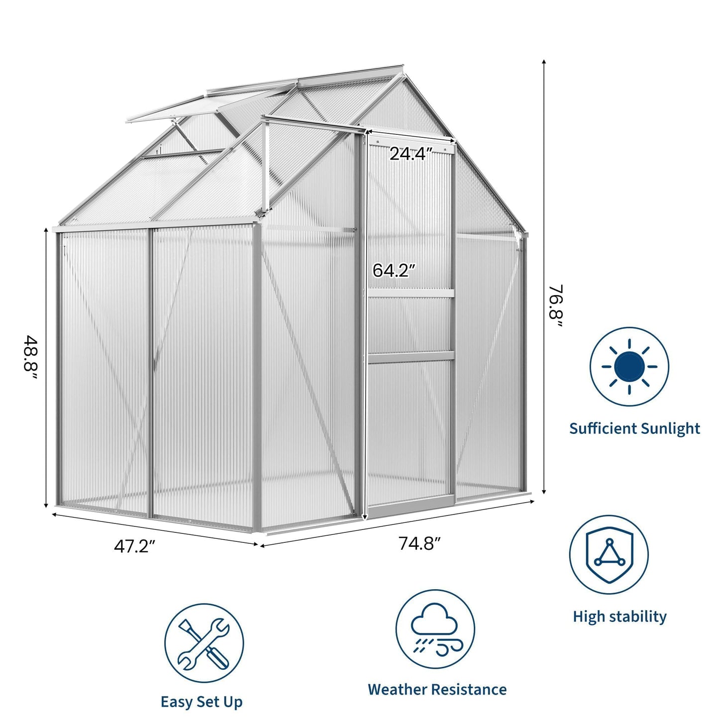 6x4 ft Greenhouse, Walk in Polycarbonate Greenhouses for Outdoors with Roof Vent&Sliding Door, Heavy Duty Green House with Aluminum Frame for Outside Garden Backyard, Patio, Lawn, Silver