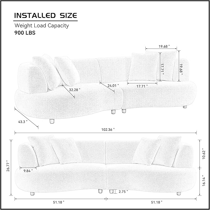 KEIKI 102" Curved Oversized Boucle Modular Sectional Sofa with 4 Throw Pillows, Mid-Century 4-Seater Upholstered Corner Plush Comfy Couch, Easy Assembly, for Apartment, Living Room, Yellow