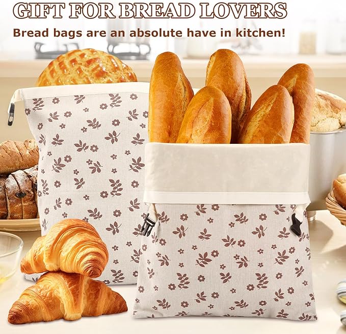 Beeswax Bread Bags, Reusable Linen Organic Beeswax Bread Bags for Sourdough, Keep Freshand and Large Capacity Sourdough Loaf Bag, Coffee Leaf Print Design Storage Bag for Gift