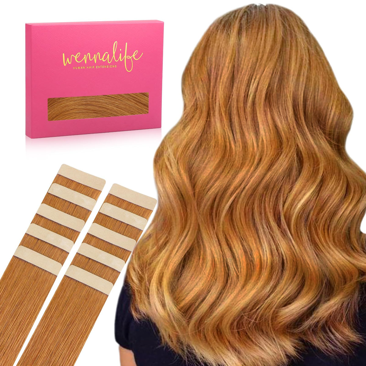 WENNALIFE Tape in Hair Extensions Human Hair, 10pcs 30g 26 inch Auburn Ginger Remy Invisible Tape Ins Straight Colored Soft Real