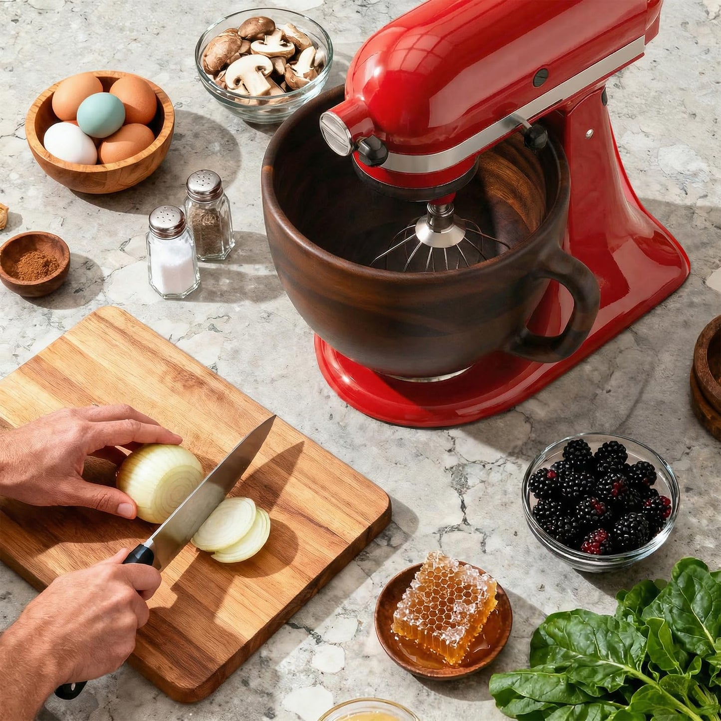 Cofun Premium Wood Mixing Bowl, Compatible with 4.5-5 Qt Tilt-Head Stand Mixers, Natural True Wooden Bowls, 5 Qt Wooden Bowl for KitchenAid with Stainless Steel Locking Base, Handle