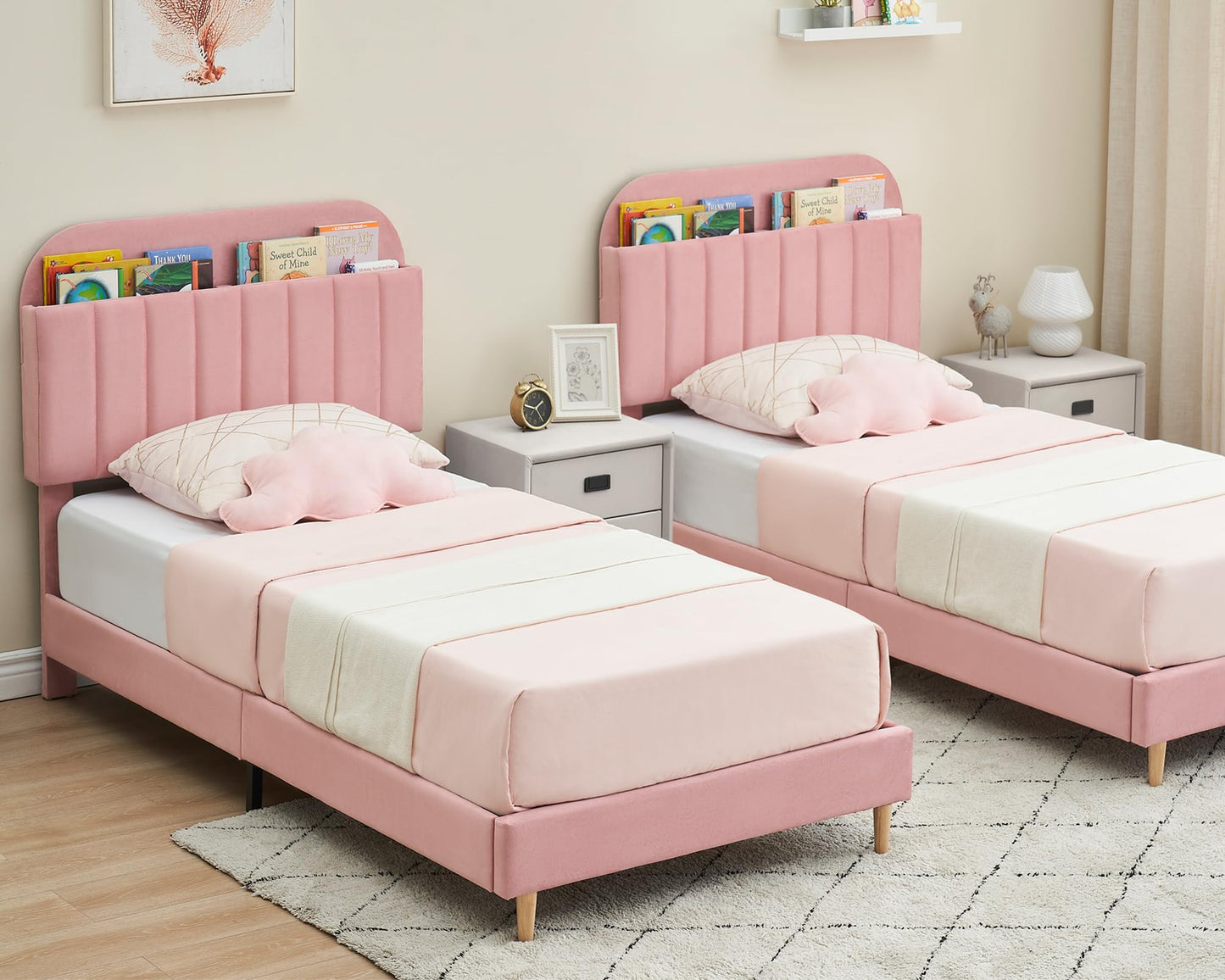 GarveeHome Twin Bed Frame with Storage Headboard, Velvet Upholstered Platform Bedframe for Kids, Girl Bed, Strong Wooden Slats, Noise-Free, Easy Assembly, No Box Spring Needed, Light Pink