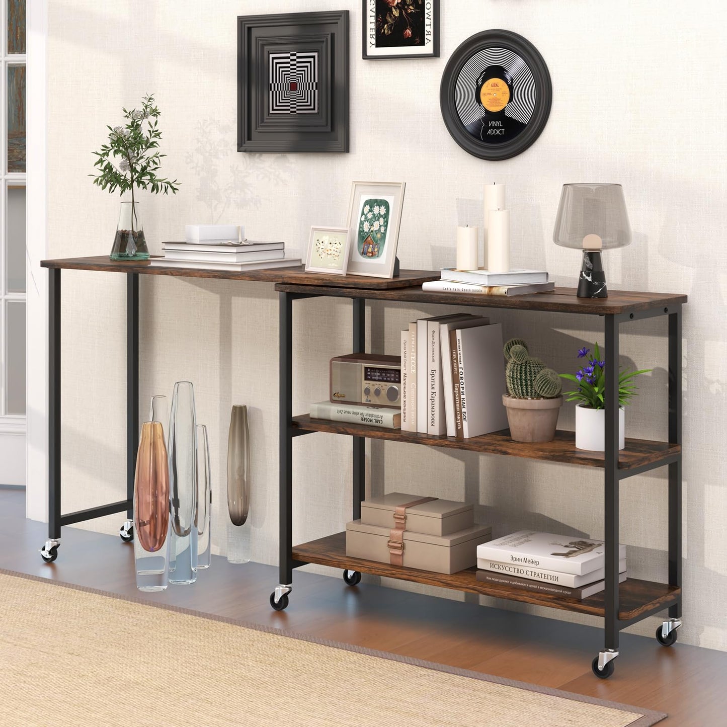 Giantex 360° Free Rotating Sofa Side Table, Patented Mobile End Table with 2-Tier Storage Shelves, Movable Laptop Table w/ 6 Universal Casters, Couch Table Snack Table for Home Office, Large