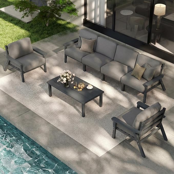 Patio Kingdom Patio Furniture Set 7 Seats, HDPE Outdoor Sectional with Gray Washable Thick Cushions, Coffee Table, Patio Conversation Sets for Lawn, Garden, Porch, Balcony, Deck (Grey Frame)