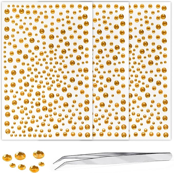 Self Adhesive Face Gems and Pearls for Makeup, Festival Jewels, Hair Gems, Rhinestone Stickers for Face, Eye, Makeup, Nail, Body, Crafts 3/4/5/6 mm 975Pcs (14.gem_Yellow)