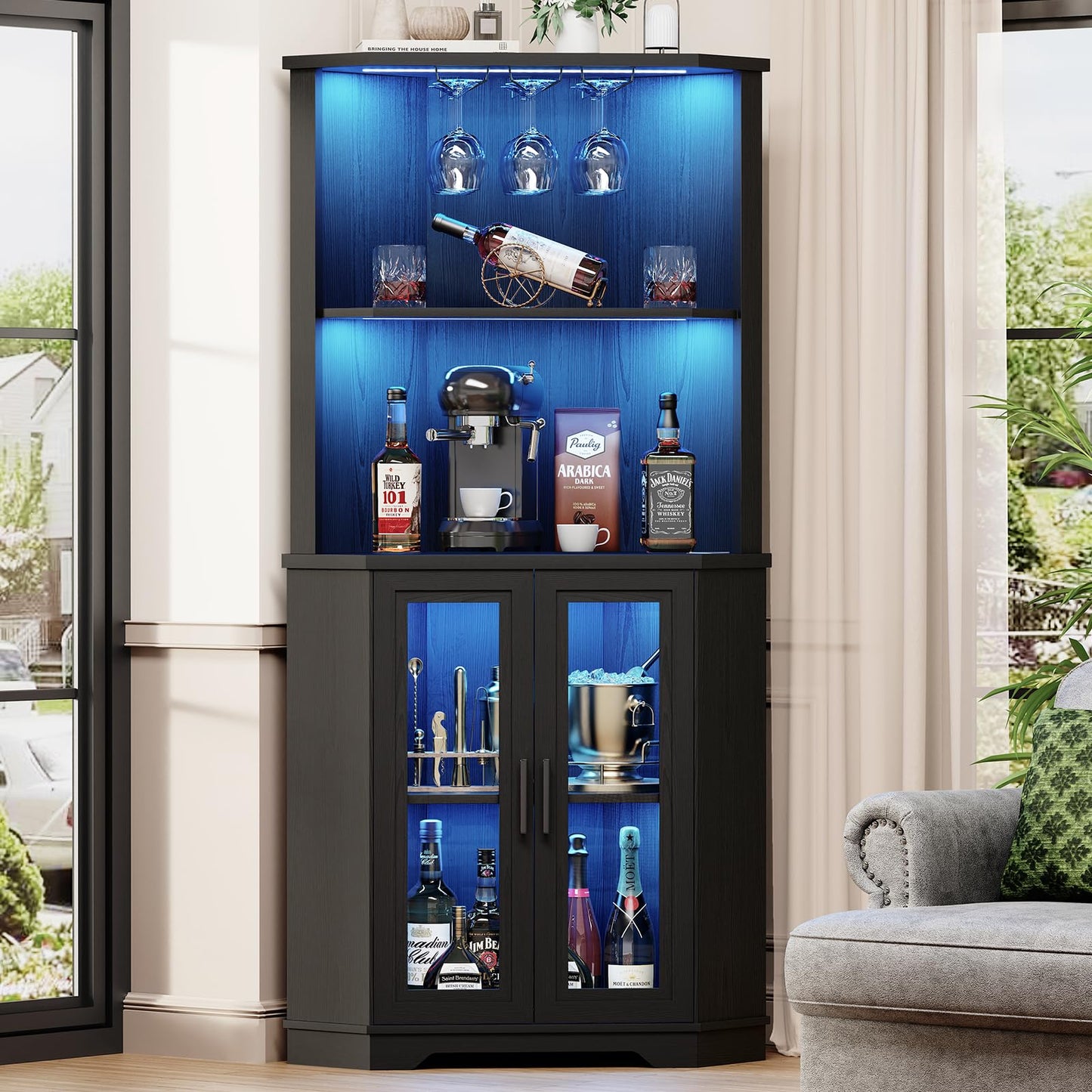 BROTTAR Corner Wine Bar Cabinet with LED Lights, 65" Tall Liquor Coffee Bar Cabinet with Glasses Holder & Tempered Glass Door, Alcohol Storage Hutch with Human Body Sensor for Dining Room, Black