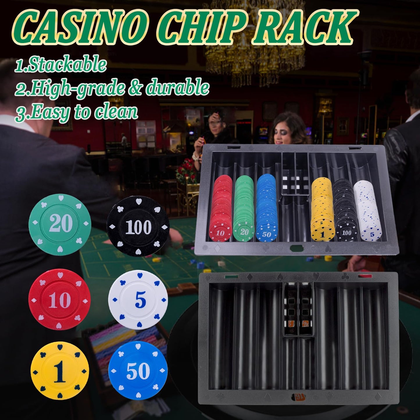 WodGod 5 in 1 Super Casino Game Set: Blackjack/Roulette/Craps/Texas Hold'em/Poker Kit with Shoe+Discard Tray+360 Chip+8 Deck Card+Roulette Wheel+2 Felt+Stratedgy Card+Chip Rake, Casino Poker Set