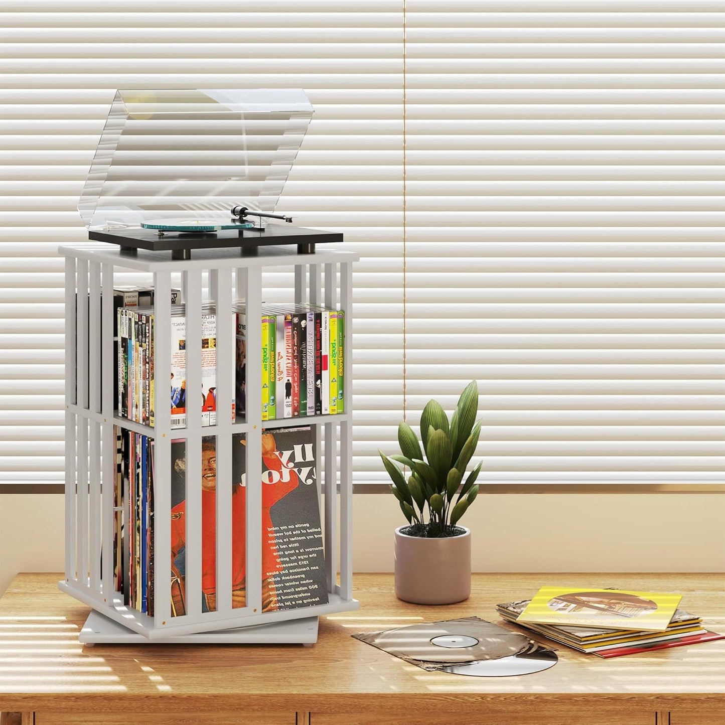 XIMN 360° Rotating Bamboo CD/DVD Shelf - 6-Tier Space-Saving Media Storage Cabinet for Movies, Organizer with Super Compact Design (White, 2 Tier)
