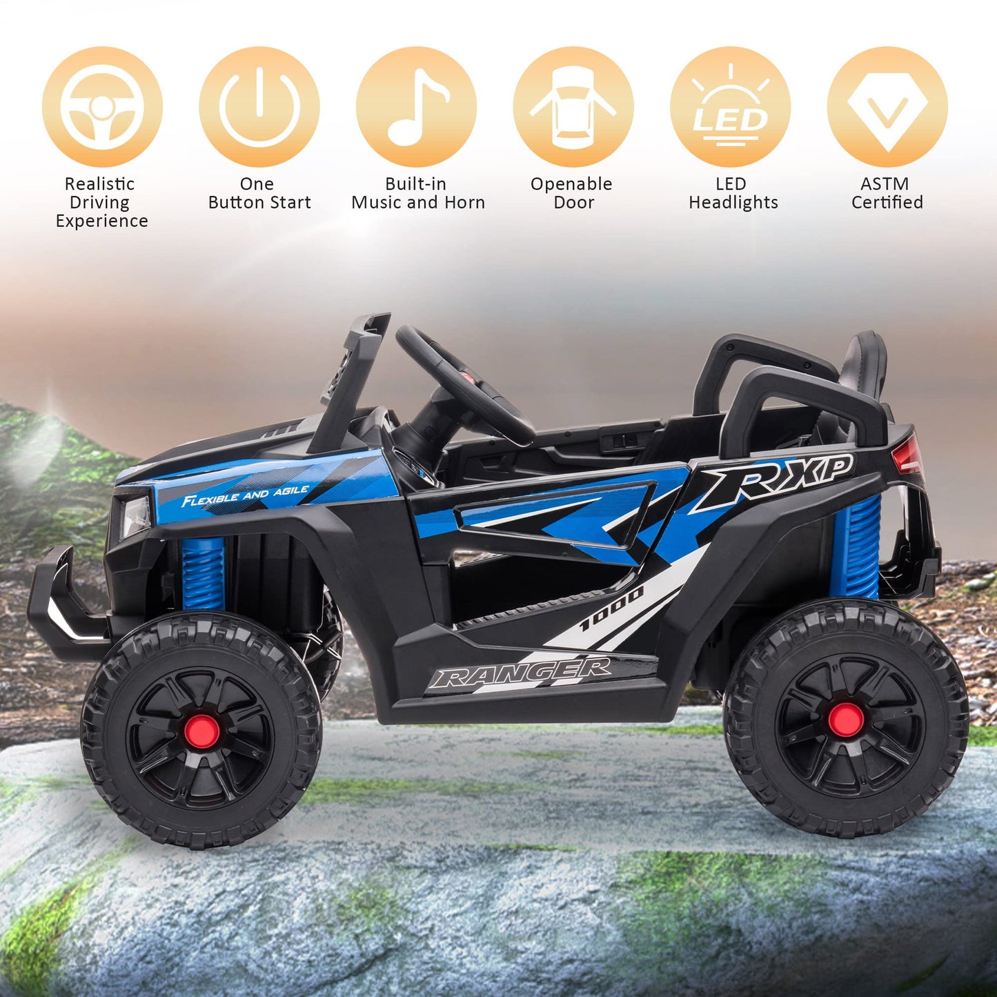 TOBBI 12V Kids Ride on Car, Electric Off-Road UTV Truck with Forward and Reverse Functions, Double Open Doors, Safety Belt, Horn, Music, and Lights for Kids Aged 3-5 Years (Blue)