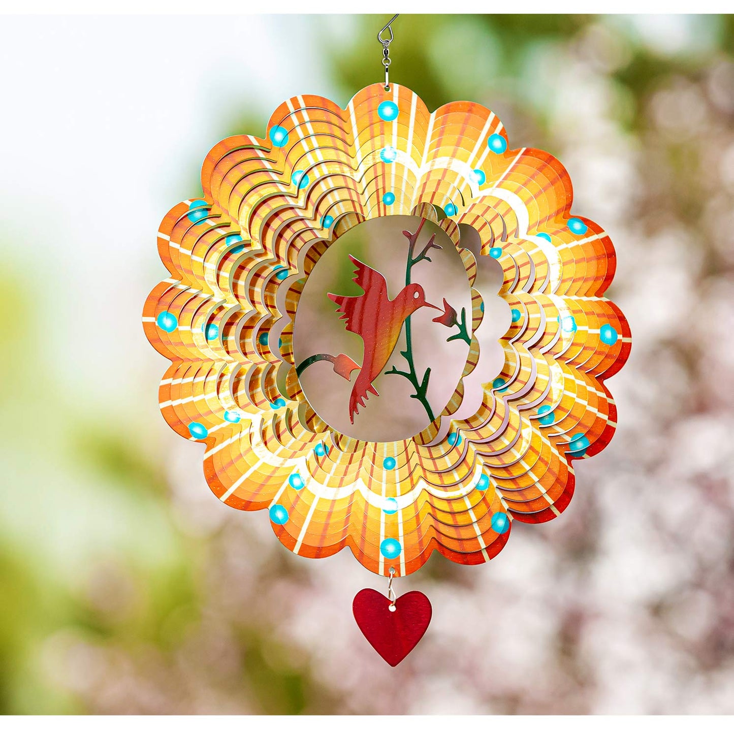 SteadyDoggie Wind Spinner - 12-Inch 3D Stainless Steel Lovebird Design with Heart Pendant - Laser Cut Metal Art Geometric Pattern - Hanging Kinetic Yard Garden Decor