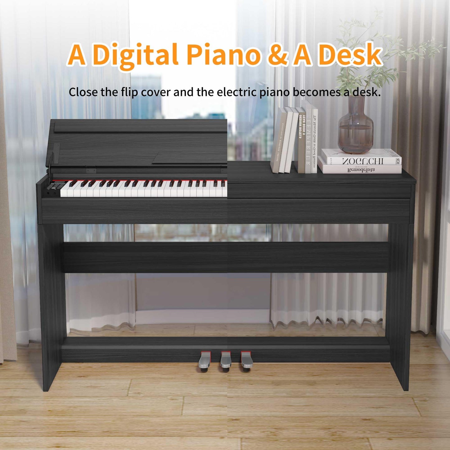 WENCAI 88 Key Electric Piano Velocity-Sensitive Keyboard, 88 Keys Home Upright Digital Pianos, Wooden Electronic Piano for Beginner Adult with 3 Pedals, Supports USB-MIDI Connect, Black