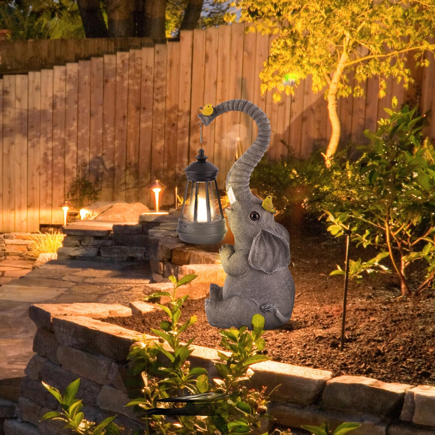 ILLUMINEW Solar Outdoor Garden Decor Elephant Statues Lights, Lucky Elephant Unique Mom Birthday Gifts for Mom, Housewarming Gifts and Yard Decoration, Cute Birds Garden Sculpture Decor