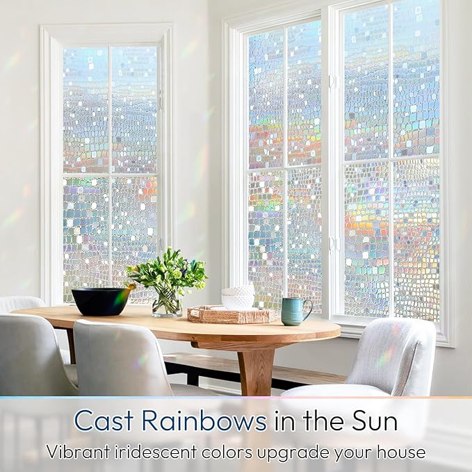 rabbitgoo Window Privacy Film Rainbow Window Film, Mosaic Decorative Stained Glass Cling, Removable Static Cling Tint UV Blocking, Non-Adhesive Privacy Covering, 35.4 x 157.4 inches