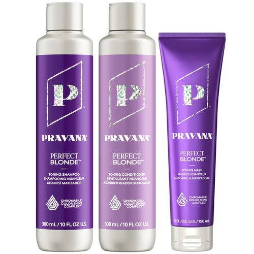 PRAVANA The Perfect Blonde Purple Toning Shampoo & Conditioner & Masque | Neutralizes Brassy, Yellow Tones | For Color-Treated Hair | Chromasilk Enhances Shine & Protection | Vegan | 10 Fl Oz