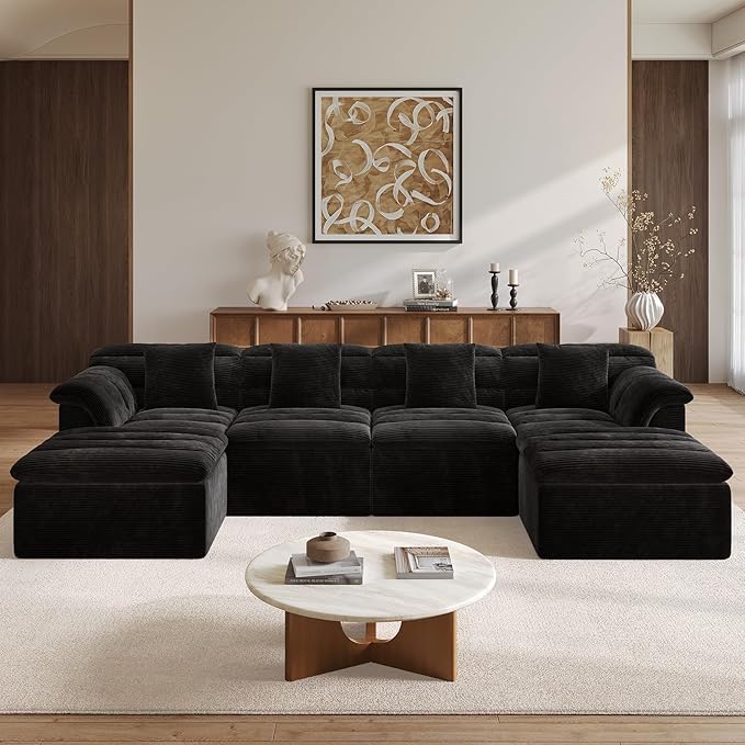 SUNG7 142" Modular Sofa with Ottoman, Boneless Cloud Couch with Deep Seat, Comfy U-Shape Corduroy Couches for Living Room, No Assembly Required, Black