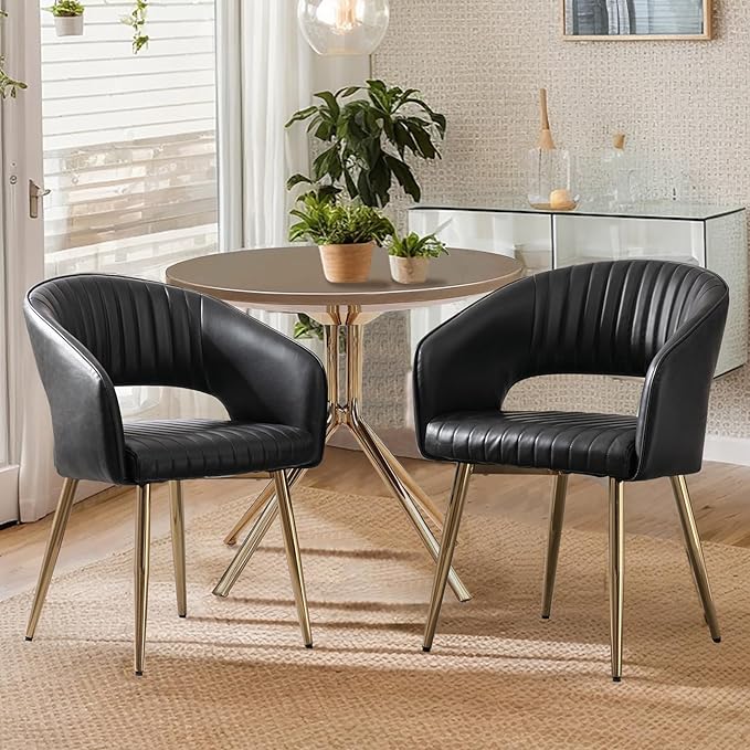 Faux Leather Dining Chairs Gold Legs, Modern Black PU Leather Dining Room Chairs with Arms Set of 2 Upholstered Accent Chair Armchair with Barrel Back for Kitchen Living Room