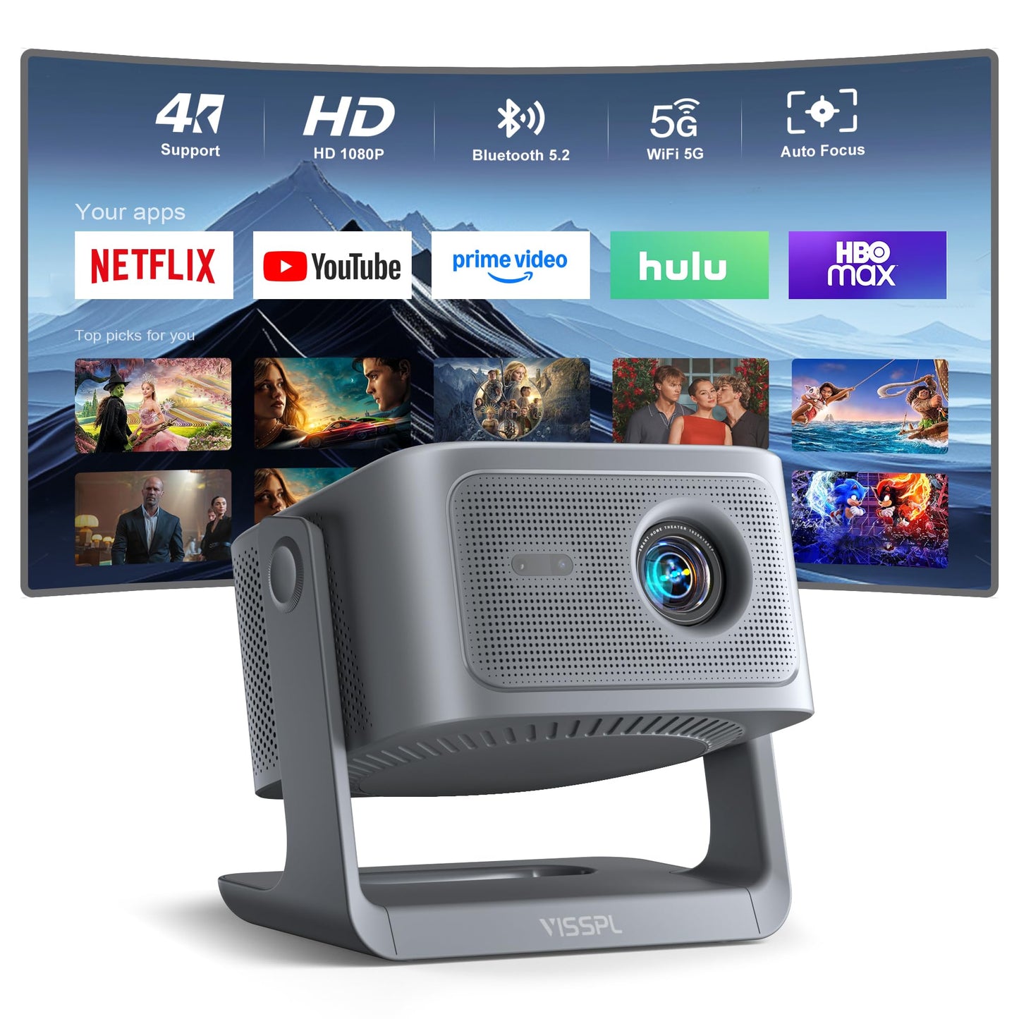 【Netflix Included & 2200ANSI】Smart 4K Projector with WiFi and Bluetooth, VISSPL 3D Dolby Audio and Auto Focus Portable Outdoor Projector, Movie Home Theater Projectors for Bedroom/Ceiling